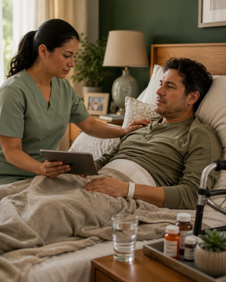 Healthcare worker in green scrubs holding tablet while examining patient in bed with medicines and water glass on nightstand