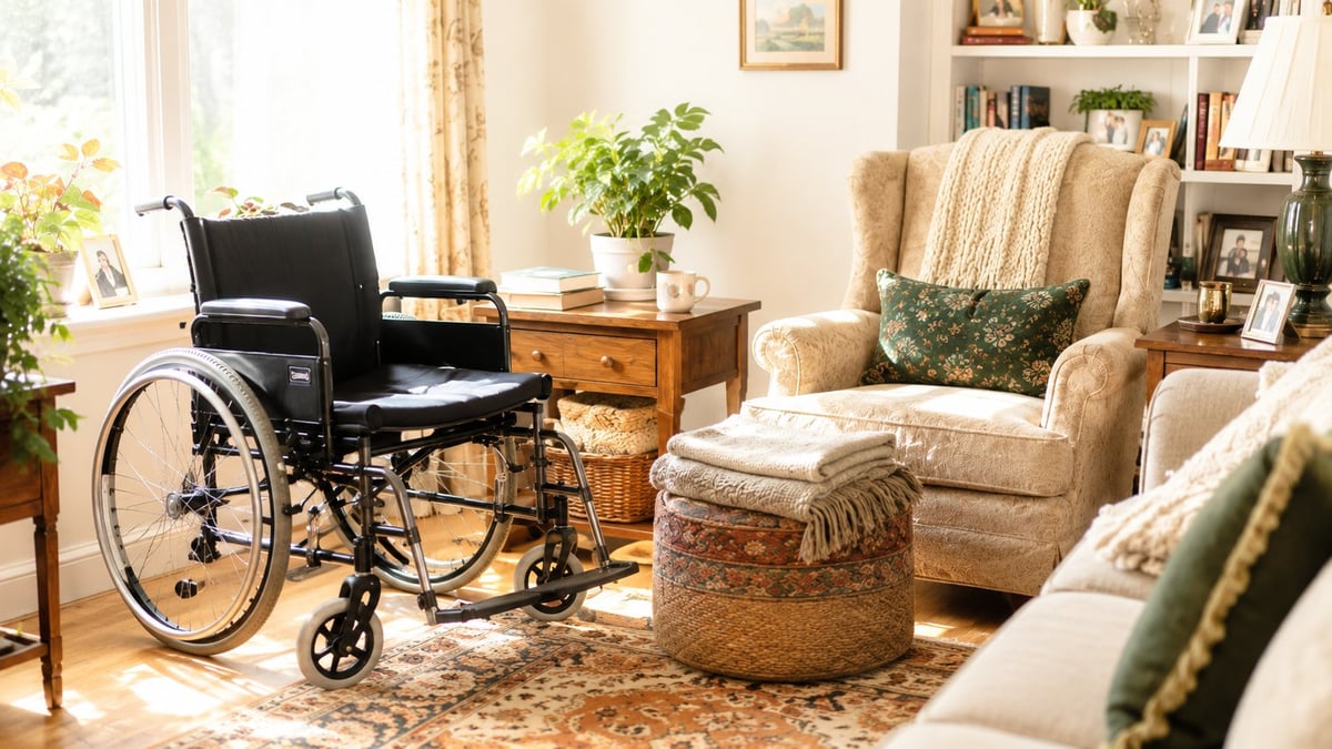 Accessible living room with black wheelchair, beige armchair with green pillow, wooden side table, and warm natural lighting from window