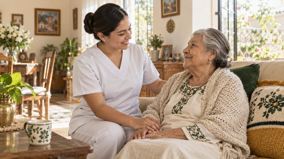 Healthcare worker in white uniform comforting an elderly woman in a home living room setting