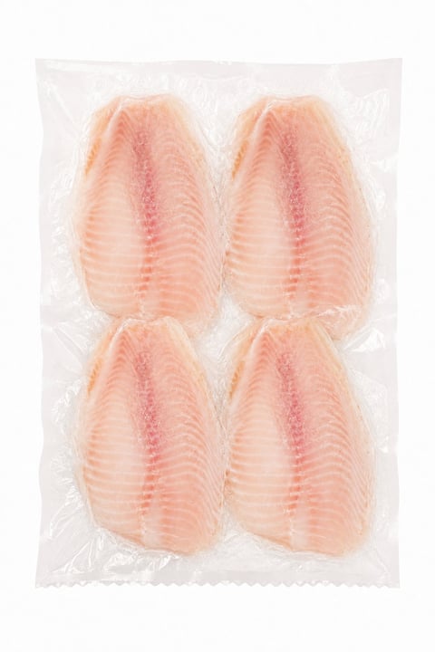 Cuatro filetes de pescado blanco empacados al vacío en bolsa transparente