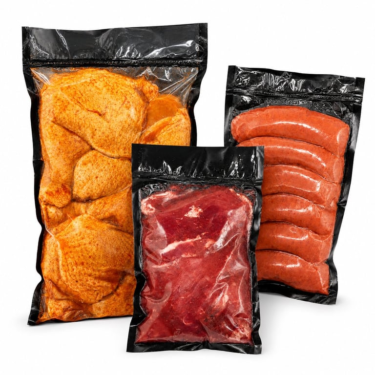 Tres productos empacados al vacío: totopos, arrachera y salchichas premium