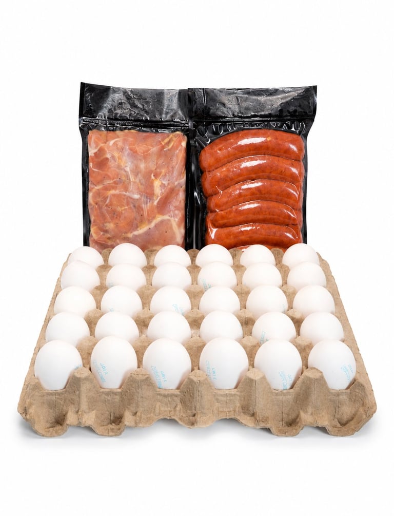 Paquete de desayuno con huevos, embutidos en rebanadas y salchichas