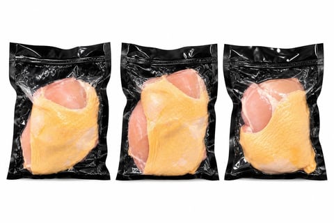 Tres pechugas de pollo crudas empacadas individualmente al vacío
