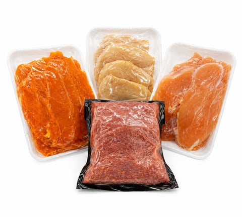 Cuatro paquetes de embutidos premium: salami, jamón y pechuga de pollo