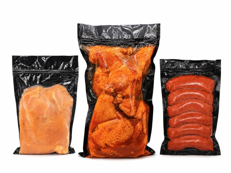 Tres bolsas negras al vacío con salmón: filete, trozos y rebanadas de salmón
