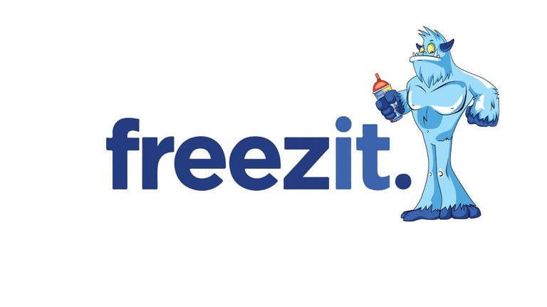 Freezit logo with blue text and cartoon ice mascot character holding a popsicle
