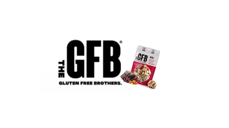 GFB Gluten Free Brothers logo with a packaged cereal product featuring granola and nuts