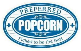 Preferred Popcorn logo with oval blue and white design, tagline Picked to be the best
