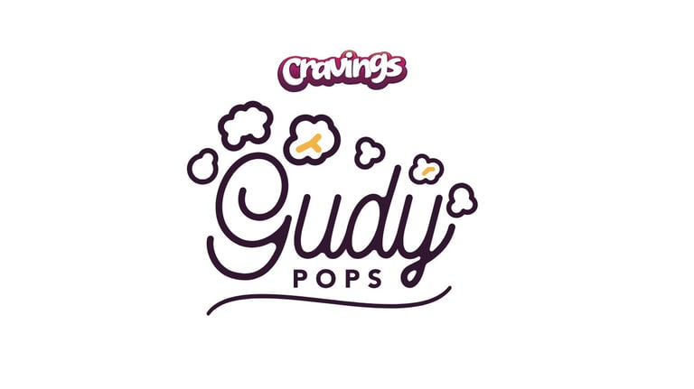 Charms Gudy Pops logo with playful bubble design and yellow accent in the lettering