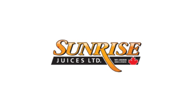 Sunrise Juices Ltd logo with orange text and black banner featuring Canadian maple leaf emblem