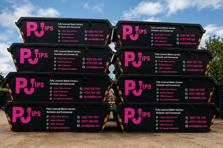 Black dumpsters with pink PJ Tips branding arranged outdoors