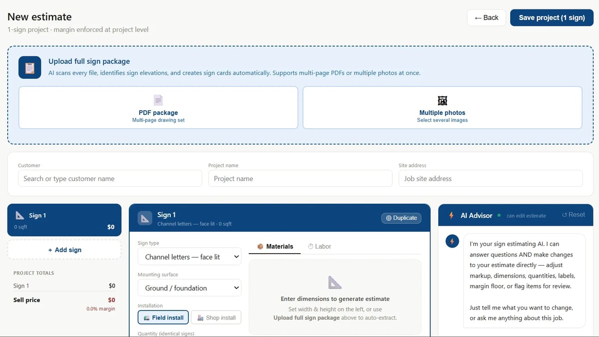 Screenshot of a new estimate creation form with upload options, project details, and page setup controls for generating estimates