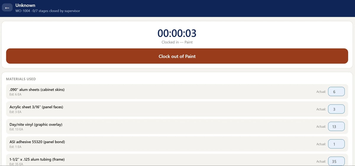 Timer showing 00:00:03 with a materials list below including paint colors, acrylic paint, graphite, and wood stain items