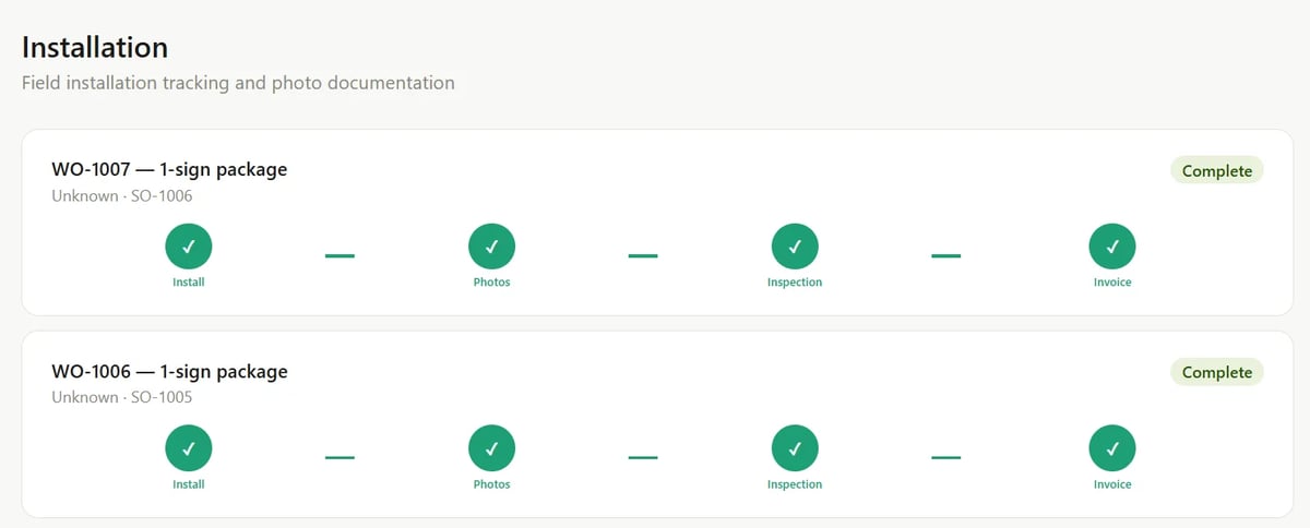 Installation tracking showing two 1-sign packages (WD-1007 and WD-1006) with progress steps indicated by green checkmarks