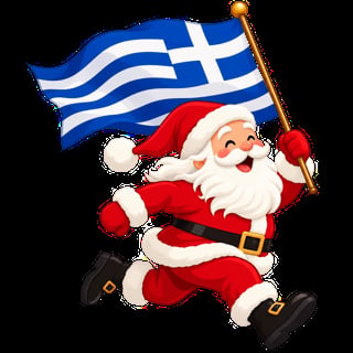 Santa Claus holding a Greek flag, waving and smiling cheerfully