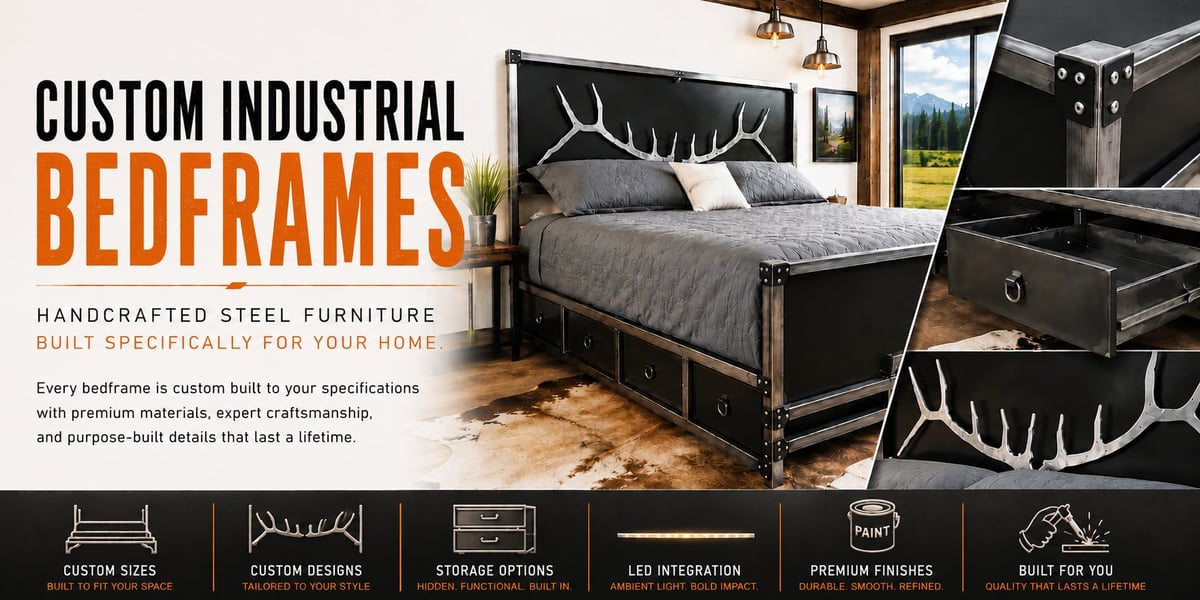 Custom industrial bedframes product showcase displaying handcrafted steel furniture with antler design headboard and storage options