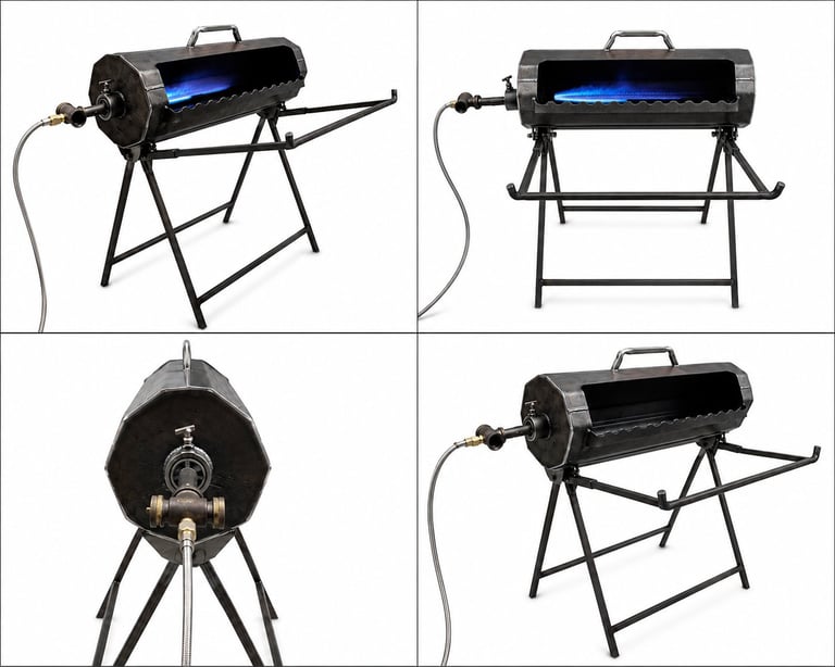 Four views of a black barrel-style BBQ grill on metal stand legs with attachments and propane hose