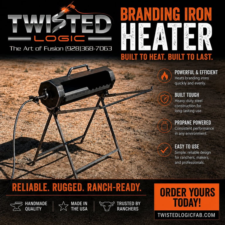 Twisted Logic Branding Iron Heater, a black propane-powered portable heating device with tripod stand on dirt ground