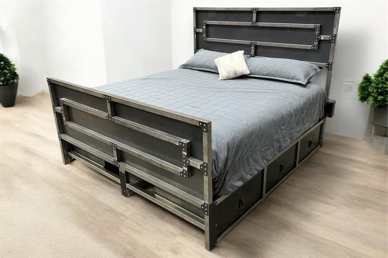 Industrial-style metal bed frame with gray bedding and white pillows in a minimalist bedroom with potted plants