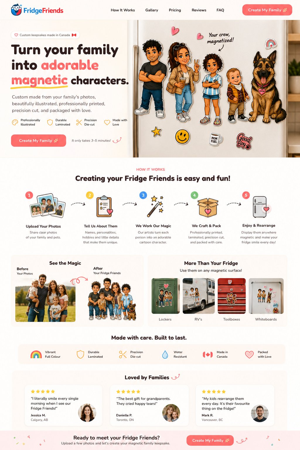 FridgeFriends website showing custom magnetic character figures made from family photos