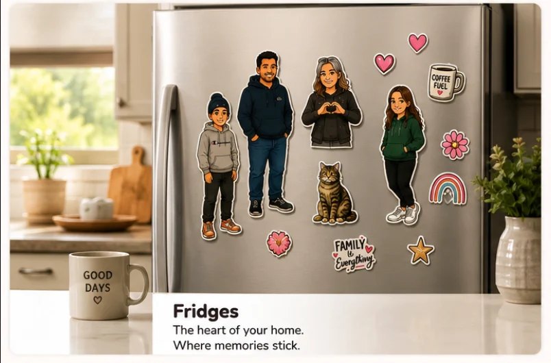 Fridge Friends custom magnetic characters displayed on fridges