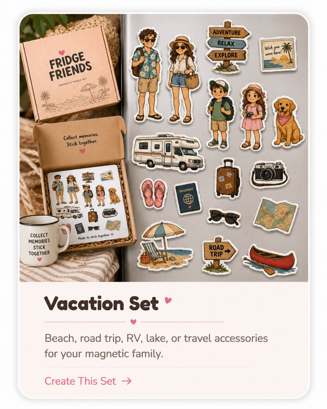 Fridge Friends Vacation Set product mockup showing custom magnetic family characters and themed accessories