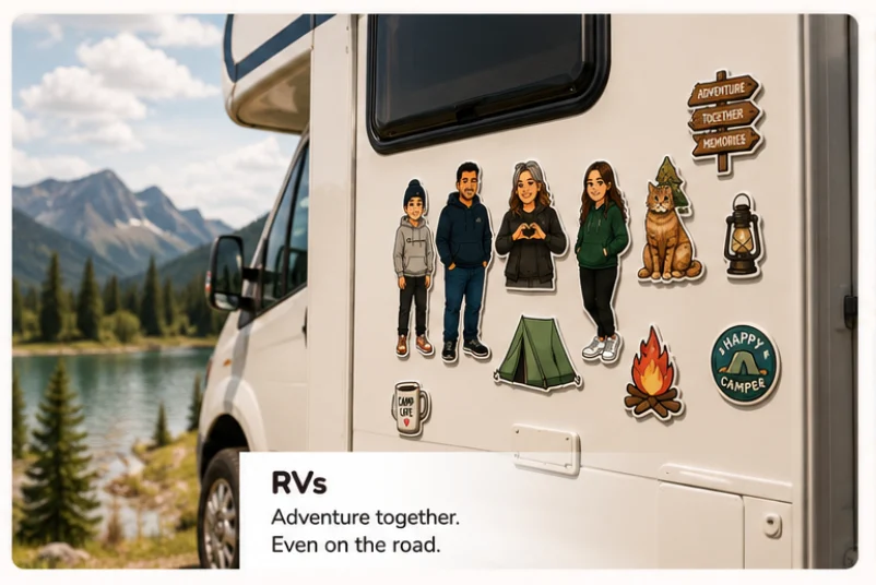 Fridge Friends custom magnetic characters displayed on rvs