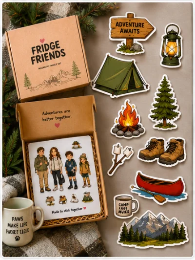 Fridge Friends Camping Adventure product mockup showing custom magnetic family characters and themed accessories
