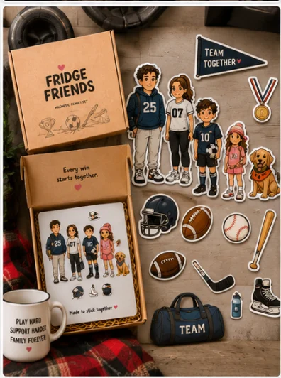 Fridge Friends Sports Team Set product mockup showing custom magnetic family characters and themed accessories