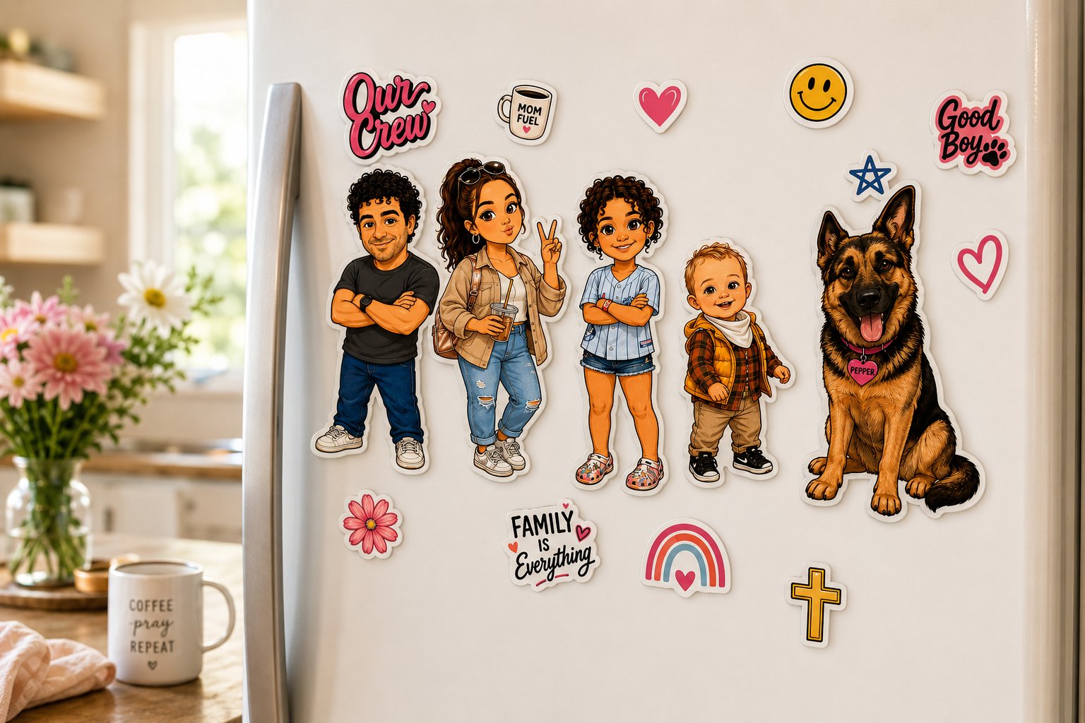 Refrigerator decorated with colorful family sticker decals featuring four children and a German Shepherd dog, surrounded by heart and rainbow designs