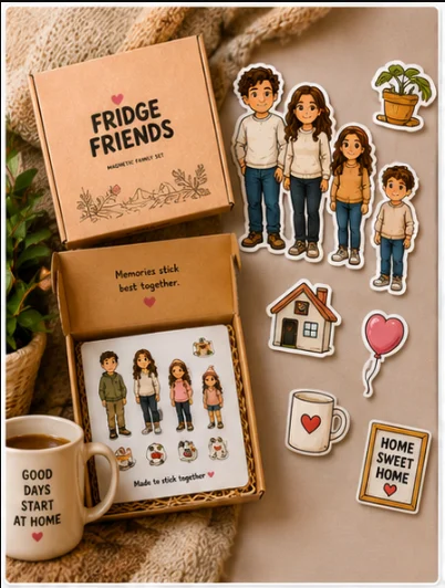 Fridge Friends Grandparent Gift product mockup showing custom magnetic family characters and themed accessories