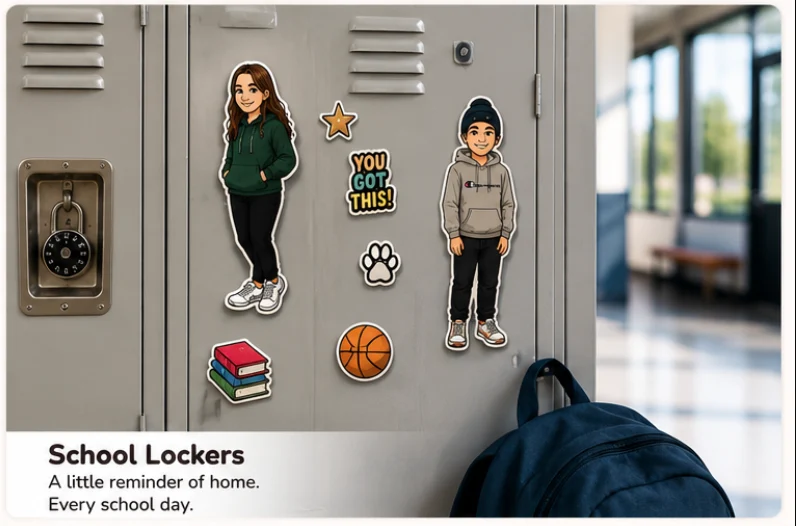 Fridge Friends custom magnetic characters displayed on school lockers