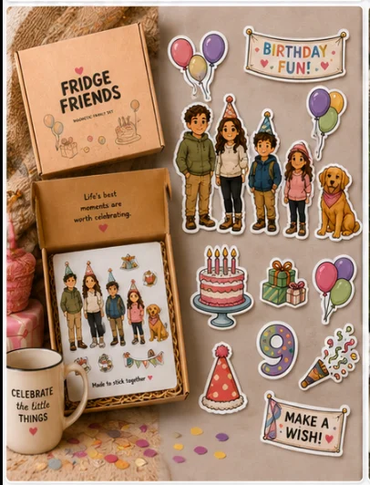 Fridge Friends Birthday Set product mockup showing custom magnetic family characters and themed accessories