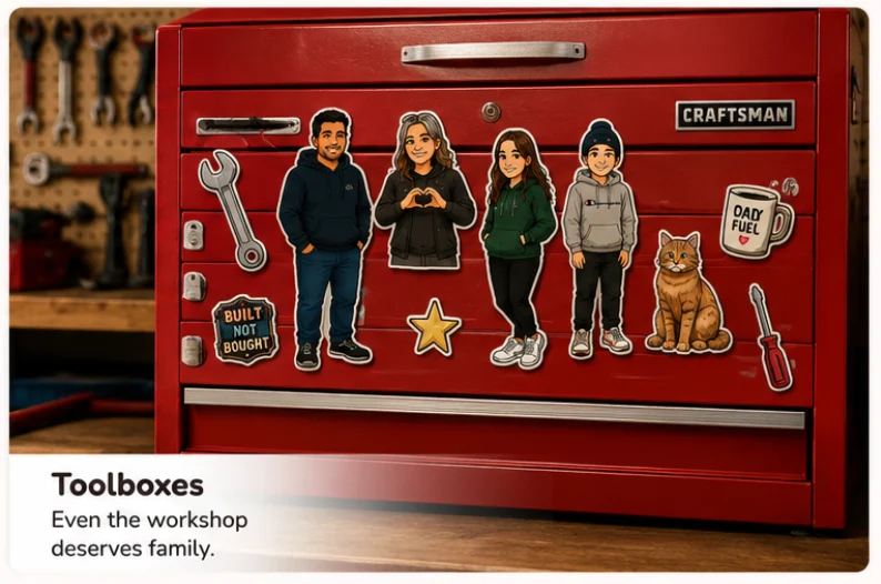 Red Craftsman toolbox with Fridge Friends family stickers and tools displayed on the front