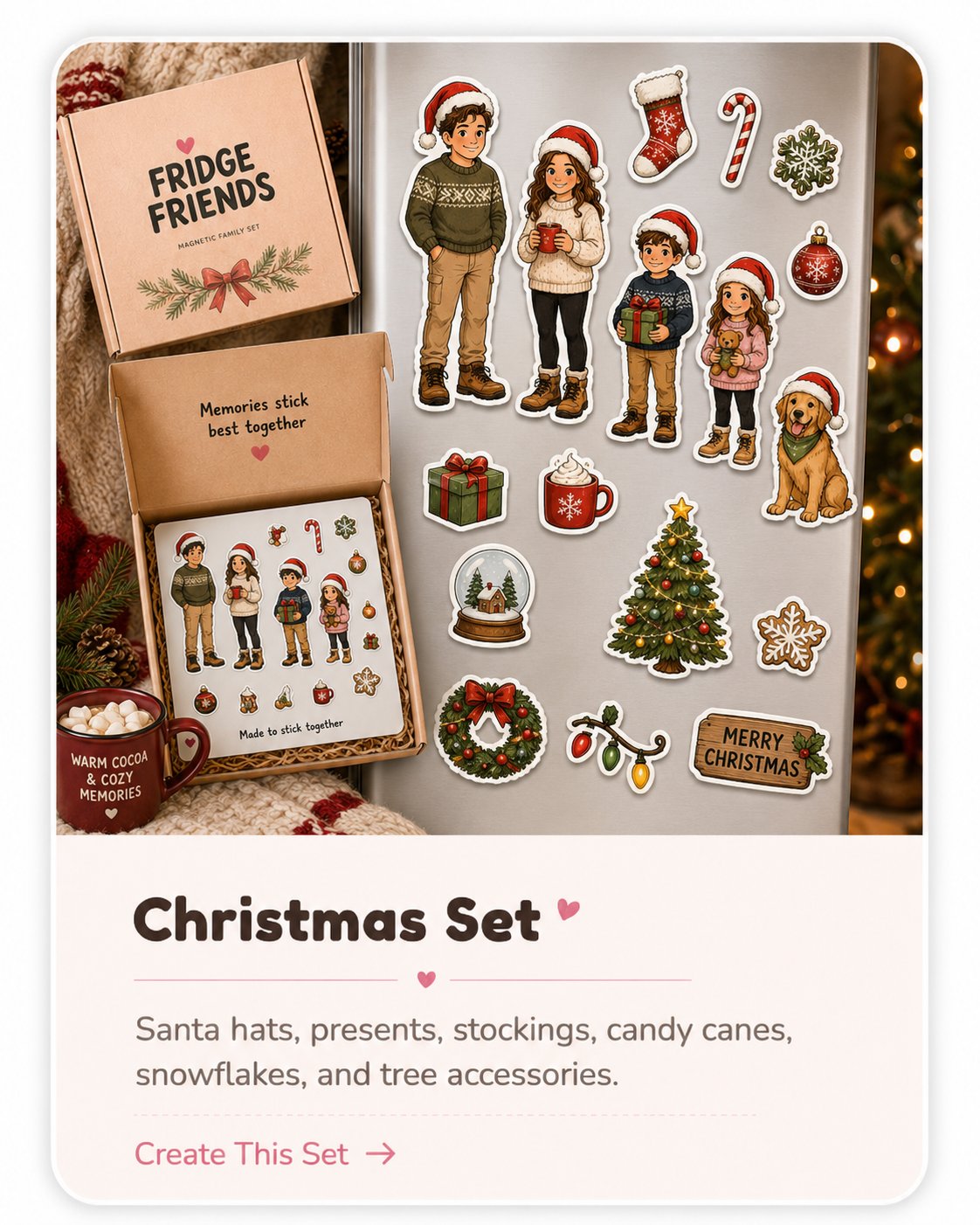 Fridge Friends Christmas Set product mockup showing custom magnetic family characters and themed accessories