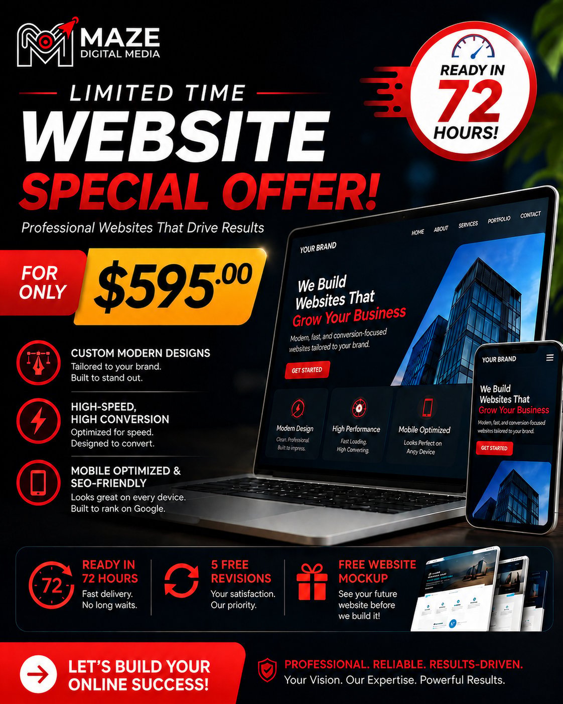 Maze Digital Marketing limited time website special offer for $595, featuring custom designs, mobile optimization, and 72-hour delivery