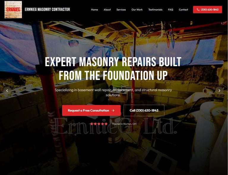 Website header showing basement interior with yellow support beams and text about expert masonry repairs services