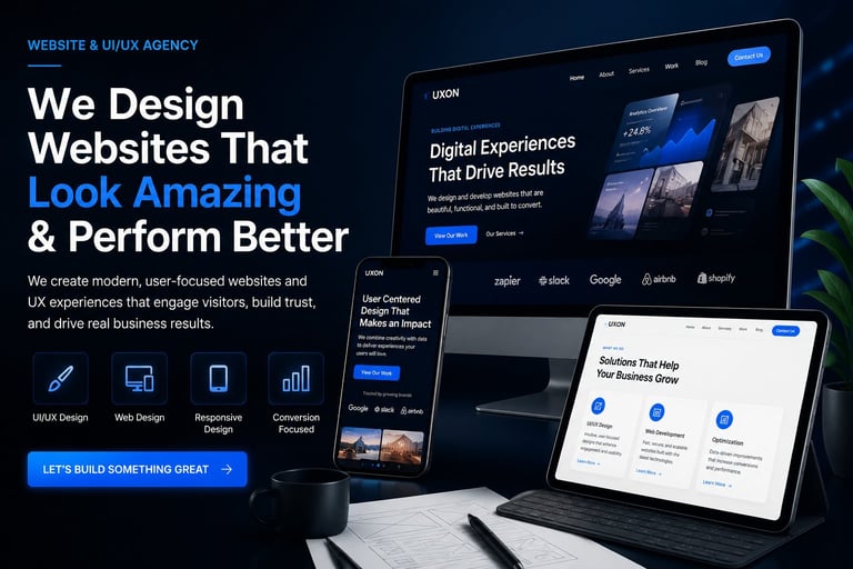 Website and UI/UX agency showcase displaying responsive web design mockups on multiple devices including desktop, tablet, and mobile screens
