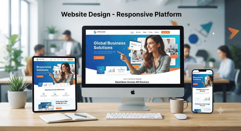 Responsive website design mockup showing Global Business Solutions website displayed across desktop, tablet, and mobile devices on a wooden desk