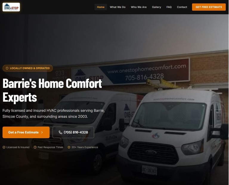 Barries Home Comfort Experts HVAC service van parked outside building with company branding and contact information displayed