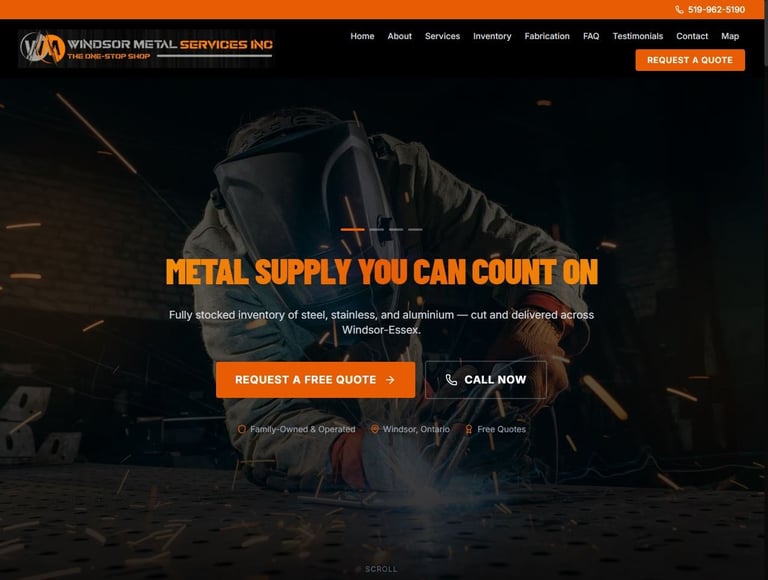 Industrial welder with sparks working on metal, Windsor Metal Services website hero section with orange tagline and call-to-action buttons.