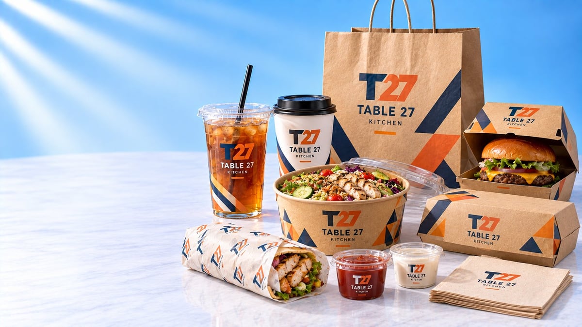 Custom restaurant packaging including printed cups, takeout bags, food bowls, boxes, napkins and sauce cups