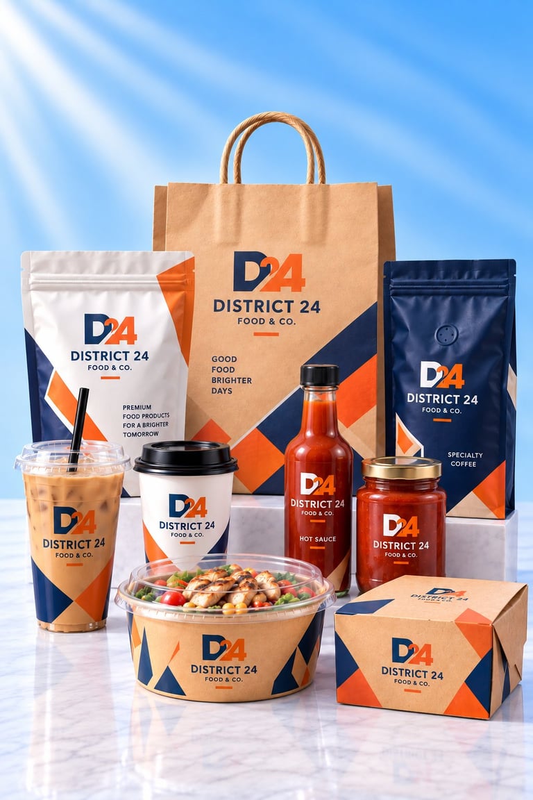 District 24 Food & Co. branded products including beverage cups, containers, sauce bottles, and packaging displayed against a blue sky background.
