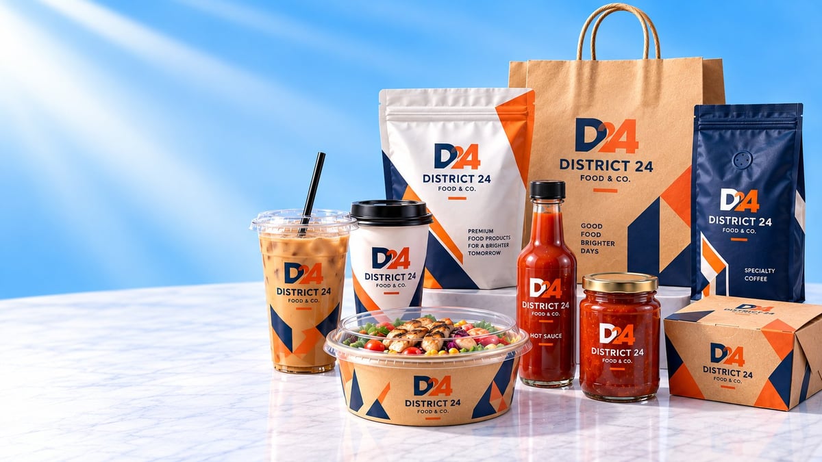 Custom printed packaging products including cups, food bags, pouches, takeout boxes, glass bottles and jars