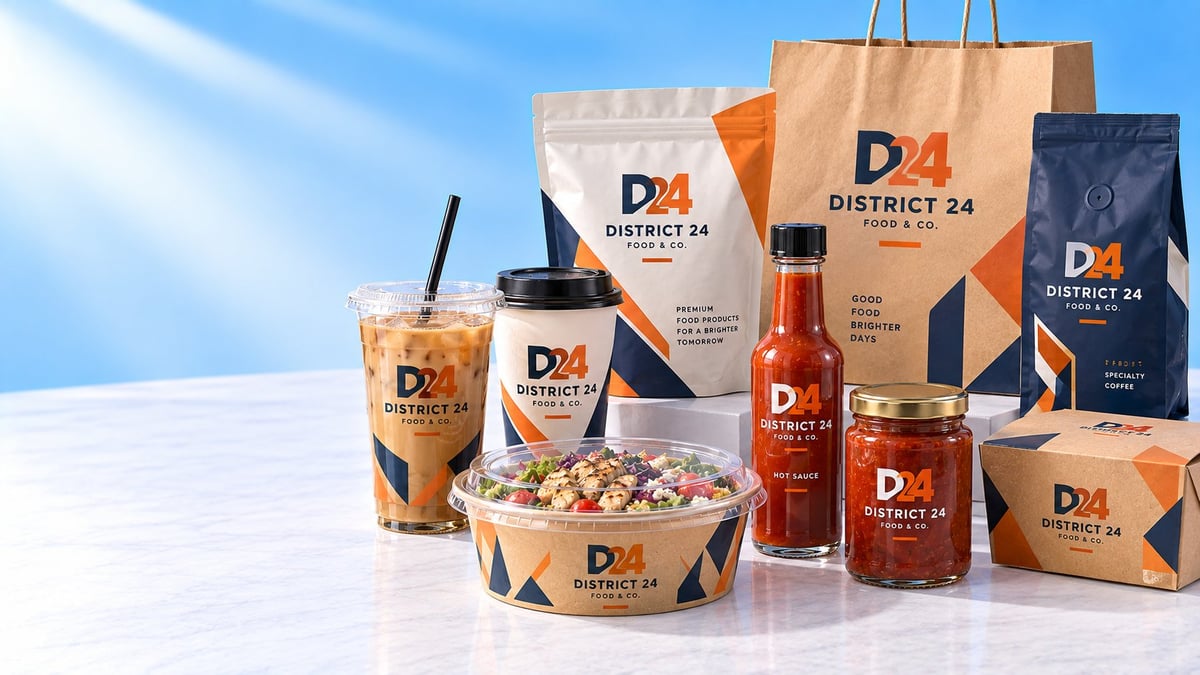 Custom printed packaging products including cups, food bags, pouches, takeout boxes, glass bottles and jars