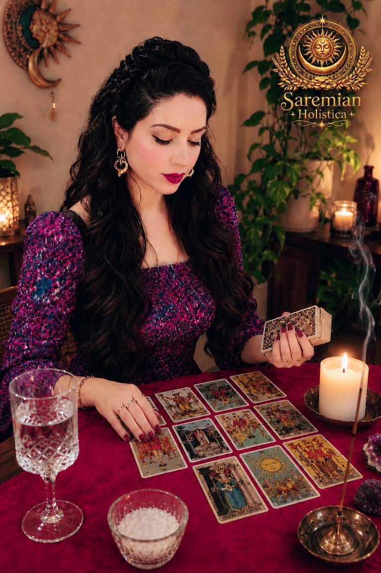 Woman with long dark hair in purple sequined dress doing tarot card reading at red table with candles