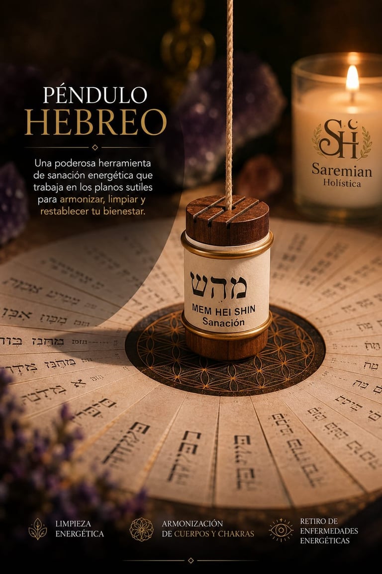 Péndulo Hebreo con base de madera etiquetada Mem Hei Shin sobre tela de geometría sagrada con texto hebreo y vela al fondo