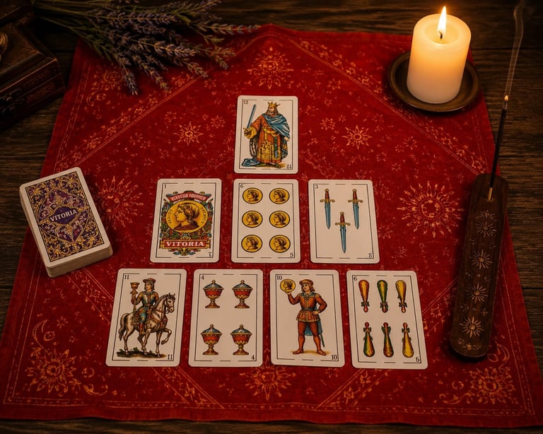 Tarot card spread on red cloth with candle and wand, displaying cards including major and minor arcana