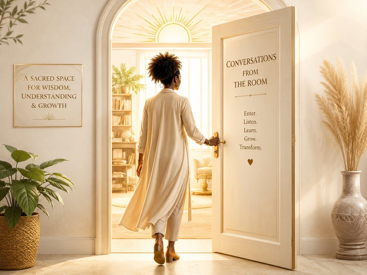 Person in light-colored robe entering a bright, minimalist room with inspirational text on walls and potted plants