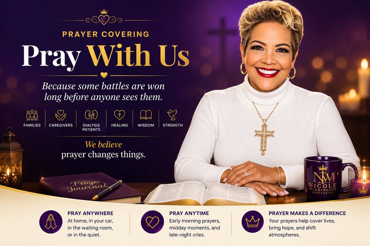 Woman in white jacket wearing gold cross necklace at table with prayer covering promotional materials and text on purple background